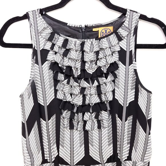 Tory Burch 100% Silk Dress Sleeveless A-Line Ruffle Top Size 2 Chevron Gray - Picture 3 of 13
